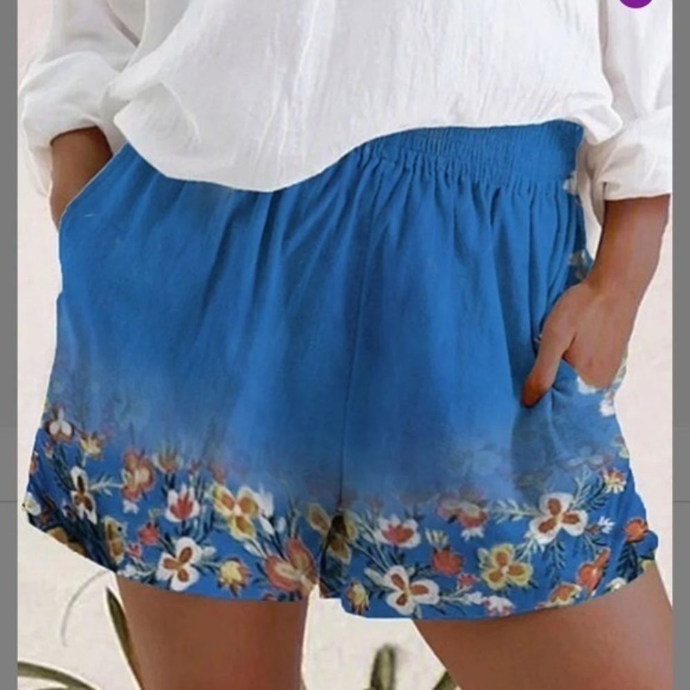 NWT-Blue & Coral Wide Waist Elastic Pocket Shorts